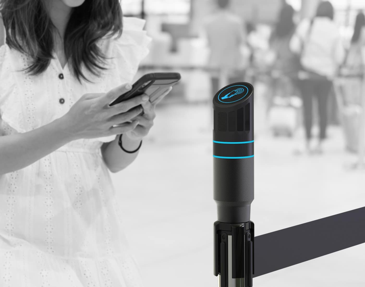 Vue d’ensemble de bornes FileTech installées dans un centre commercial